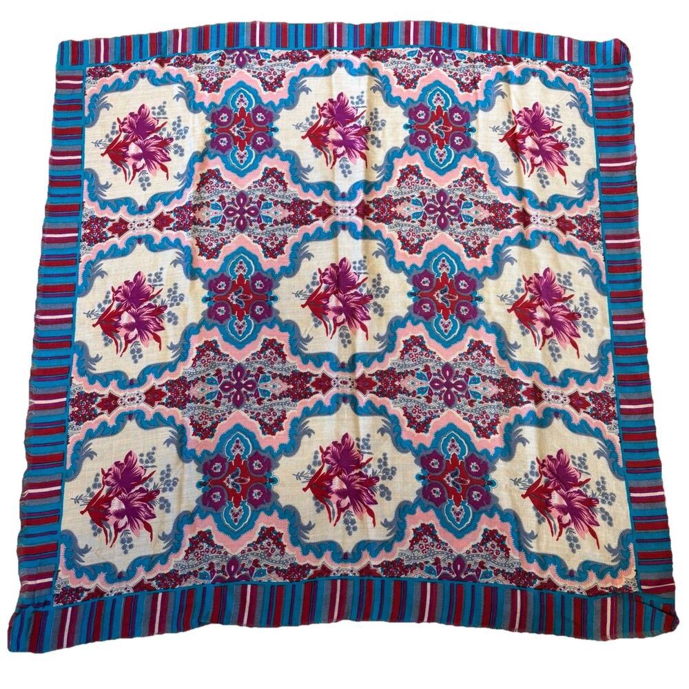 VTG Glentex Blue Teal Pink Floral Acrylic Square Scarf Fringe Mod Japan 29.5x30"